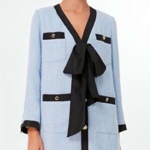 Light Blue Tweed Longline Coat with Black Trim and Bow
